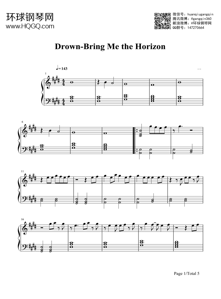 drown-bring me the horizon钢琴谱-环球钢琴网