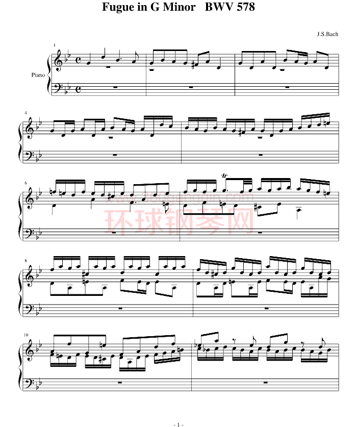 巴赫g小调赋格bwv578钢琴谱-环球钢琴网