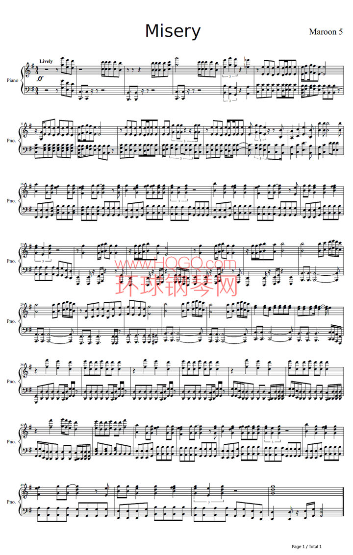 钢琴谱 misery-maroon 5   钢琴谱 艺术家:未知 调性:c调 演奏难度