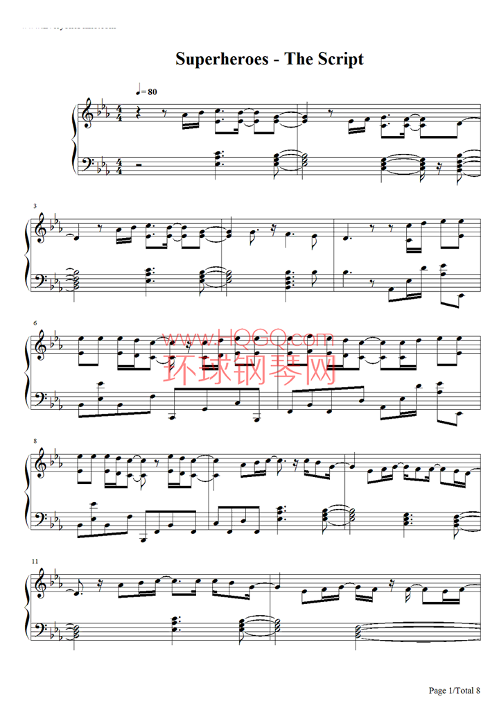 钢琴谱 superheroes-the script   曲谱superheroes-the script 艺术