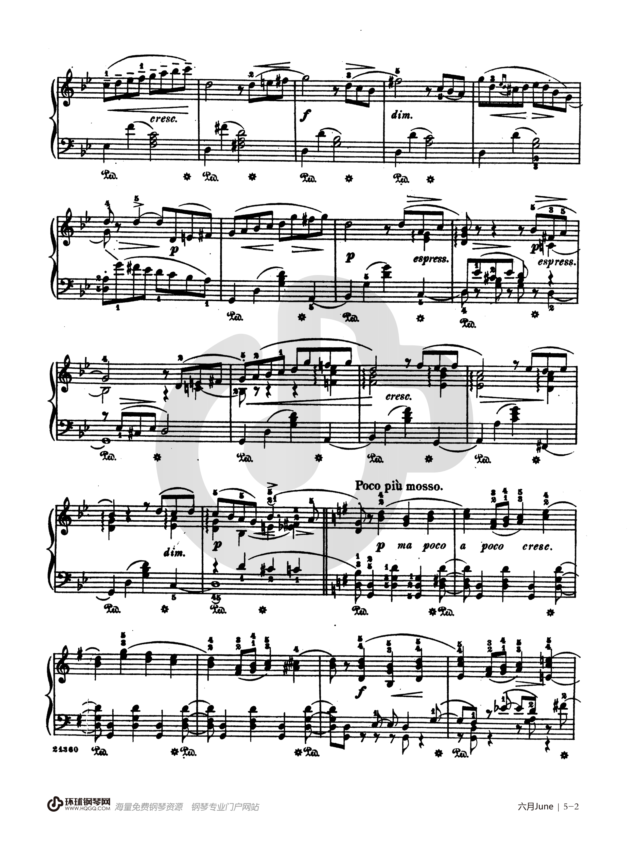 《六月船歌,钢琴谱》柴可夫斯基（五线谱 钢琴曲 指法）-弹吧|蛐蛐钢琴网